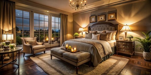 Canvas Print - Elegant Bedroom at Night: A Serene Sanctuary with Soft Lighting, Cozy Textiles, and Calm Atmosphere for Relaxation and Peaceful Sleep