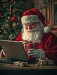 © Johannes - Happy old Santa Claus wearing hat holding gift box using laptop computer sitting at workshop home table late on Merry Christmas eve. Ecommerce website xmas time holiday online shopping e commerce sal
