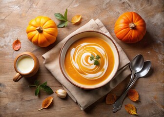 Wall Mural - Elegant Minimalist Photography of Homemade Pumpkin Soup with Cream Drizzle, Emphasizing Warm Tones and Simple Table Setting for Culinary Imagery