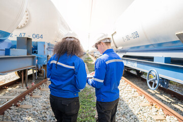 Wall Mural - Engineer railway under checking construction process oil cargo train and checking railway work on railroad station with tablet .Engineer wearing safety uniform and safety helmet in work.