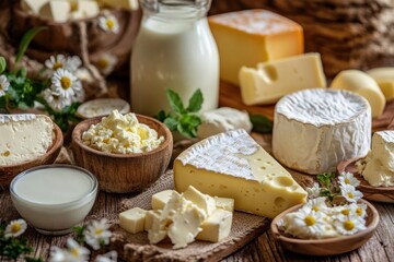 Aufkleber - A rustic table displays a variety of dairy products, showcasing fresh milk, cheeses, and butter, perfect for a farm-to-table meal. Generative AI