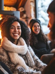 Wall Mural - Multiracial friends having fun in front of cozy fireplace at home - Winter lifestyle concept - Main focus on left woman ear