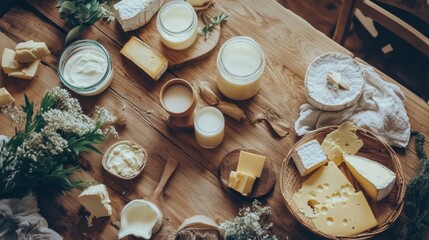 Poster - Various dairy products including milk, cheese, and butter are beautifully arranged on a rustic wooden table in a warm, inviting setting. Generative AI
