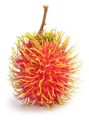 Wall Mural - Rambutan, a sweet red tropical fruit with green leaves isolste on white background with clipping path.