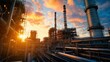 © Boinah - Industrial landscape at sunset with pipes and towers silhouetted against a colorful sky.