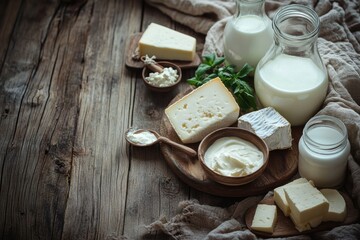 Poster - An inviting wooden table is adorned with diverse dairy products including creamy cheese, fresh milk, and rich butter, creating a homely atmosphere. Generative AI