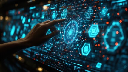 Hand touch on the virtual screen AI business database system processes online marketing investment plans That is connected as a network in the organization Concept of business base system development