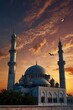 Mosque sunset sky, moon, holy night, islamic night and silhouette mosque, panaromic islamic wallpaper, copy space - generative ai