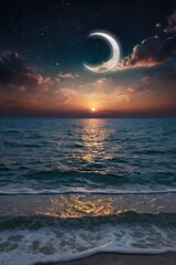 Wall Mural - ramadan kareem background with crescent, stars and glowing clouds above serene sea, copy space - gen