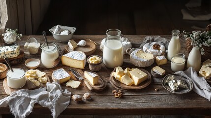 Poster - A rustic wooden table displays a delightful array of dairy products, featuring milk, various cheeses, and creamy butter in cozy surroundings. Generative AI