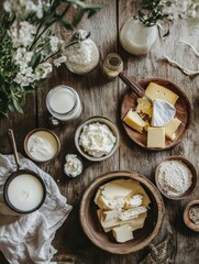 Poster - A rustic wooden table is adorned with various dairy products such as milk, cheese, and butter, creating a charming culinary display. Generative AI