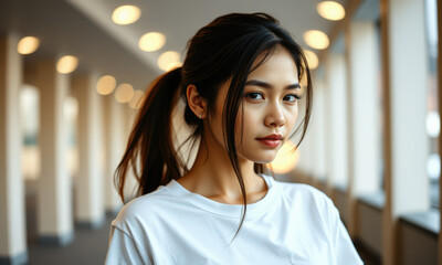 young woman with long hair in white t shirt stands in well lit corridor, exuding confidence and poise. soft background creates serene atmosphere