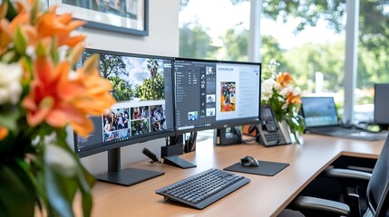 Wall Mural - efficient and organized workstation with multiple computer monitors and accessories on a wooden desk