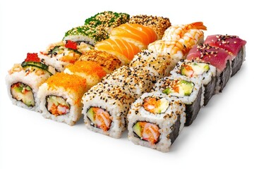 Canvas Print - A vibrant assortment of sushi rolls featuring various seafood and colorful garnishes served on a white background.