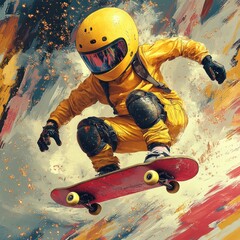 A skateboarder in a yellow suit performs an aerial trick against a vibrant, abstract background.