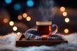 © Thi - Cozy nights: a romantic wooden tray with steaming tea and a warm scarf, perfect for a night in.
