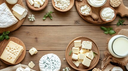 Aufkleber - Fresh dairy products including milk, cheese, and butter are arranged on a rustic wooden table, perfect for a country gathering or feast. Generative AI