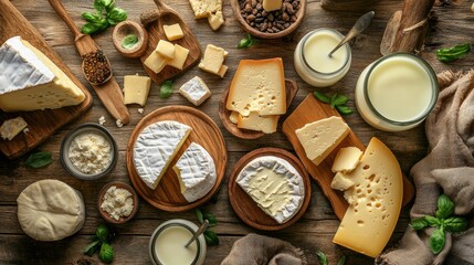 Poster - Fresh dairy products are artfully arranged on a rustic wooden table, showcasing milk, cheese, and butter in an appetizing spread. Generative AI