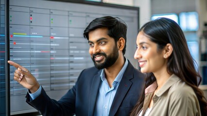 An Indian couple working on a project plan displayed on a large screen in a tech-savvy office.