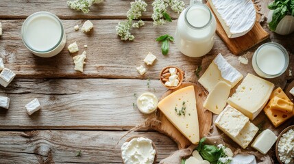 Poster - A rustic wooden table showcases an assortment of dairy products, featuring milk, various cheeses, and creamy butter, perfect for a delightful feast. Generative AI