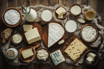 Poster - A rustic wooden table is filled with a selection of dairy products like milk, assorted cheeses, and butter, creating a homey atmosphere. Generative AI