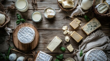 Poster - A charming wooden table showcases an assortment of dairy delights, including fresh milk, creamy cheeses, and rich butter perfect for meals. Generative AI