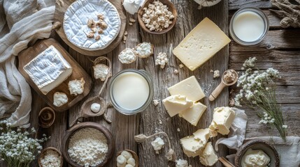 Poster - A variety of dairy products including creamy cheese, fresh milk, and rich butter are beautifully arranged on a wooden table. Generative AI