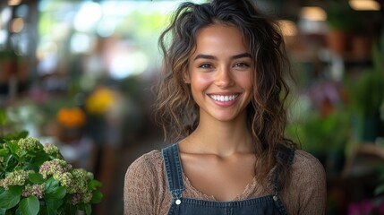 Portrait of a happy female business owner with a houseplant in a garden shop