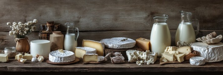 Poster - A rustic wooden table showcases an array of dairy products, featuring milk, assorted cheeses, and butter, perfect for a country feast. Generative AI