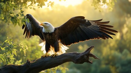 Poster - A bald eagle perched on a branch with wings spread wide in a forest setting at sunset.