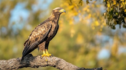 Poster - A golden eagle perched on a branch, looking out into the distance.