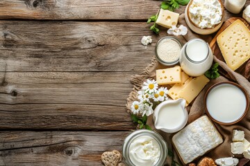 Poster - A rustic wooden table displays a variety of fresh dairy products such as creamy cheese, milk in glass jars, and rich butter, creating a cozy vibe. Generative AI