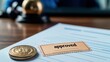 © Omias - Government Pension Retire Concept, Official Document Marked Approved with Government Stamp and Coin on Desk Reflecting Financial Security and Pension Application Process