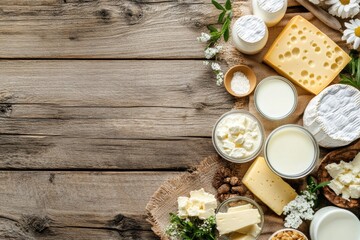 Poster - A rustic wooden table showcases a delightful variety of dairy products including milk, cheese, and butter for a tempting feast. Generative AI