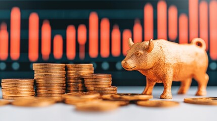 Wall Mural - Gold bull market growing with stacked coins and rising stock market graph