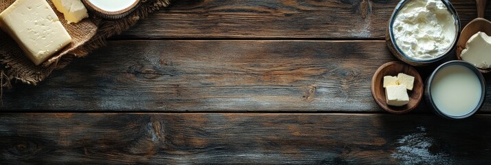 Aufkleber - The rustic wooden table showcases an assortment of dairy products like cheese, butter, and fresh milk in a charming setting. Generative AI