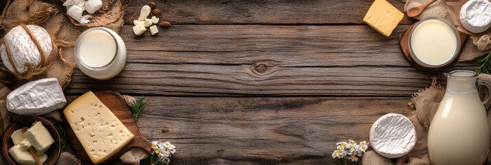 Poster - A rustic wooden table showcases a variety of dairy delights, featuring milk, cheese, and butter in a warm and inviting setting. Generative AI