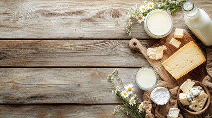 Poster - A rustic wooden table is adorned with an array of dairy products such as creamy butter, multiple cheeses, and fresh milk, complemented by flowers. Generative AI