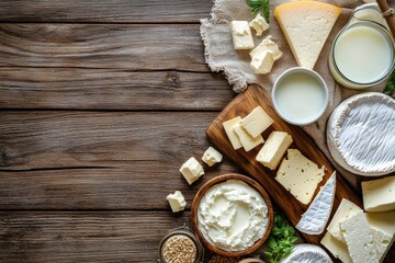 Poster - A rustic wooden table displays an assortment of dairy products, featuring milk, cheese, and butter, perfect for a hearty meal preparation. Generative AI