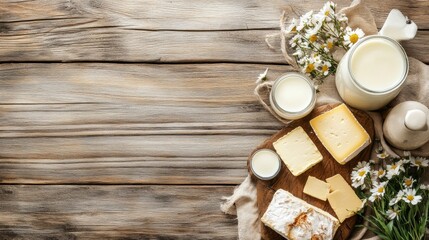 Poster - A rustic wooden table is filled with a variety of dairy products like milk, cheese, and butter, complemented by delicate flowers. Generative AI