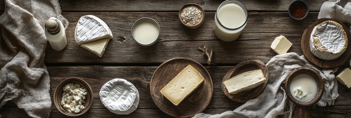 Poster - A rustic wooden table displays a delightful selection of dairy products, like milk, cheese, and spreads, sparking culinary creativity. Generative AI