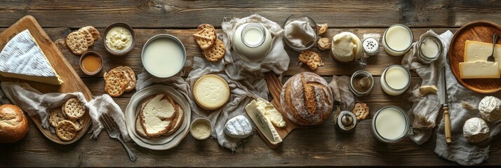 Poster - A rustic wooden table displays an inviting selection of dairy products including milk, cheese, butter, and assorted biscuits, perfect for sharing. Generative AI