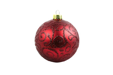 A red ornament with gold trim sits on a white background . on transparent background.