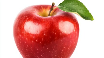 Wall Mural - A vibrant, juicy red apple with a smooth skin and a small green leaf attached to its stem, Each apple’s crisp texture and bright color captured in exquisite detail