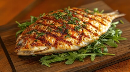 Sticker - Grilled fish served on a wooden platter with fresh greens, showcasing a beautifully cooked and seasoned dish.