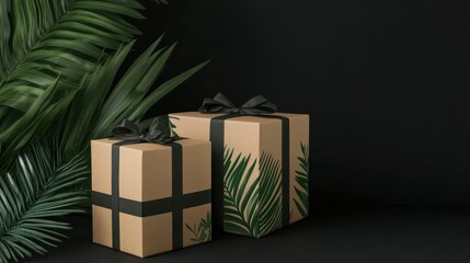 Wall Mural - New Year and Christmas gift packaging made of eco friendly kraft paper featuring a natural and stylish green and black design Perfect for adding a festive touch to your holiday decor Copy space image