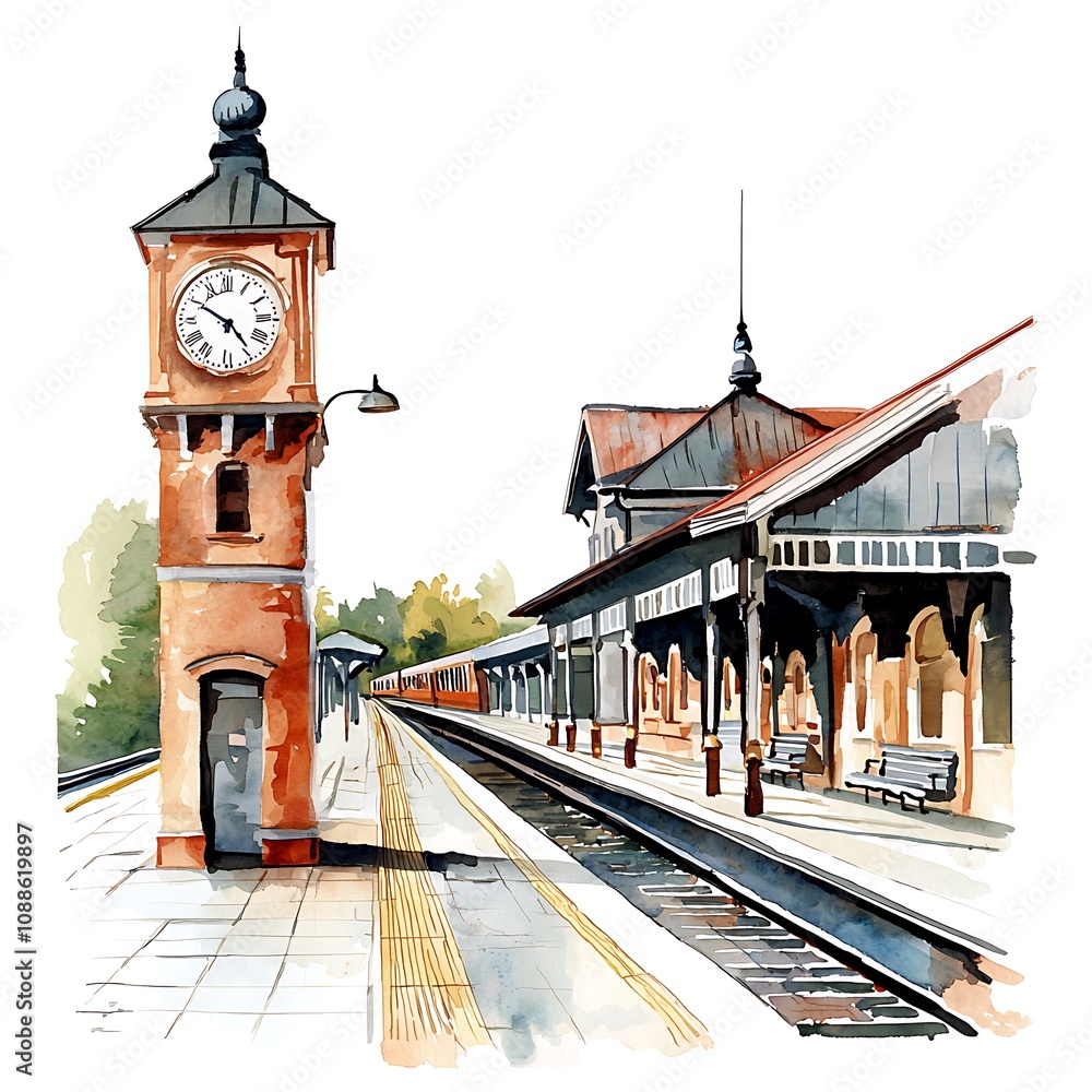 Watercolor Painting Of A Vintage Train Station With Clock Tower A 