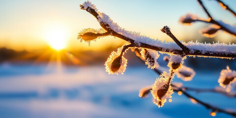 Poster - Frost covering branches of tree in early morning light, creating serene winter scene with glowing sunrise in background