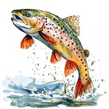 Watercolor Painting of a Brown Trout Leaping from Water. A vibrant, artistic depiction of a trout in mid-leap, showcasing its colorful scales and dynamic movement.