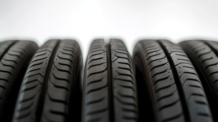 Wall Mural - a series of car tires arranged in a straight line against a stark white backdrop. The focus is on the texture of the rubber,